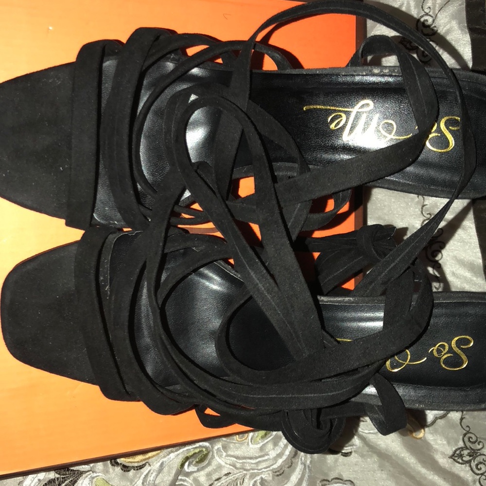 Wrap around black sandal heels
